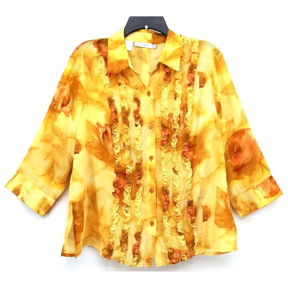 Kathy Che Shirt Womens Size 14 Yellow Floral Pin Tuck Button Up Blouse - Picture 1 of 8